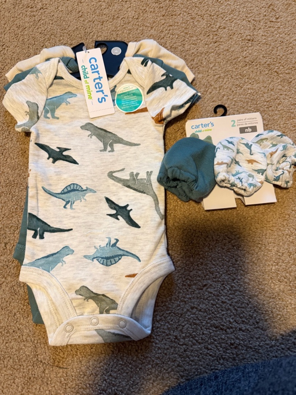 Carter's Gray & Teal Dinosaur Bodysuit with Matching Mittens